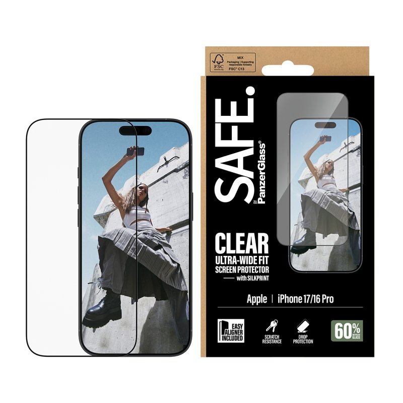 Panzerglass SAFE. by PanzerGlass Screen Protector w. Black Frame iPhone 17 | iPhone 16 Pro | Ultra-Wide Fit w.