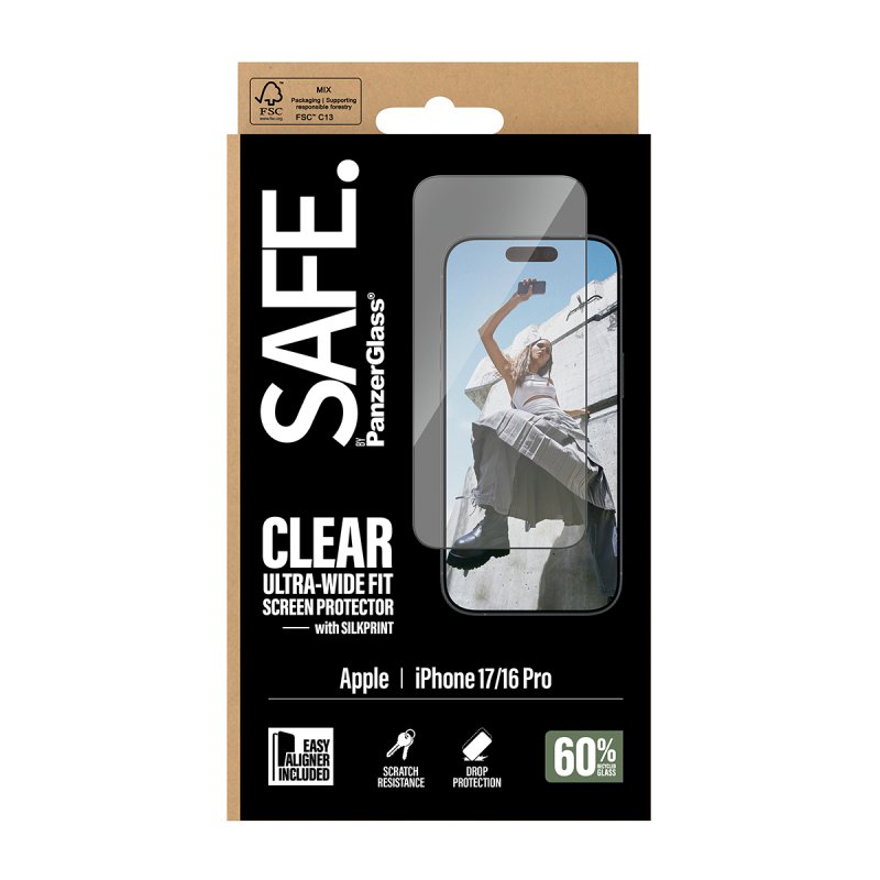 PanzerGlass SAFE. by Screen Protector w. Black Frame iPhone 17 | 16 Pro | Ultra-Wide Fit w. EasyAligner Protection