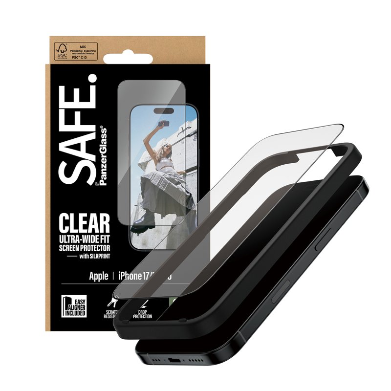 PanzerGlass SAFE. by Screen Protector w. Black Frame iPhone 17 | 16 Pro | Ultra-Wide Fit w. EasyAligner Protection