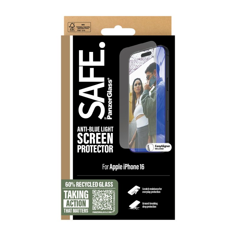 PanzerGlass SAFE. by Anti-Blue Light Screen Protector iPhone 16 | 15 | Ultra-Wide Fit