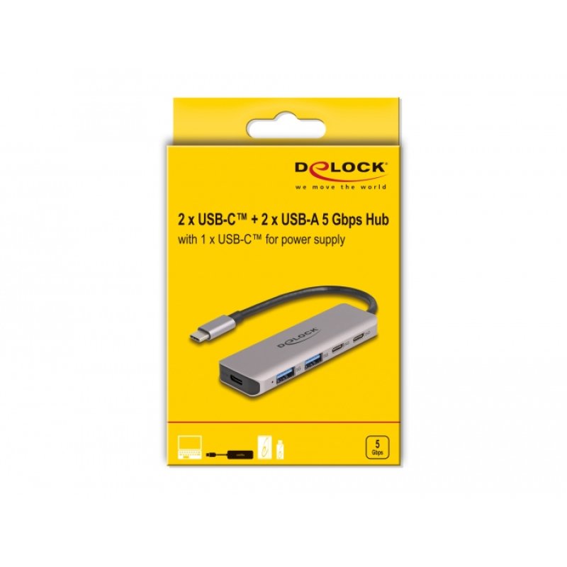 DELOCK USB 5 Gbps 2 Port USB Type-C und 2 Port Typ-A Hub mit USB Type-C Anschluss