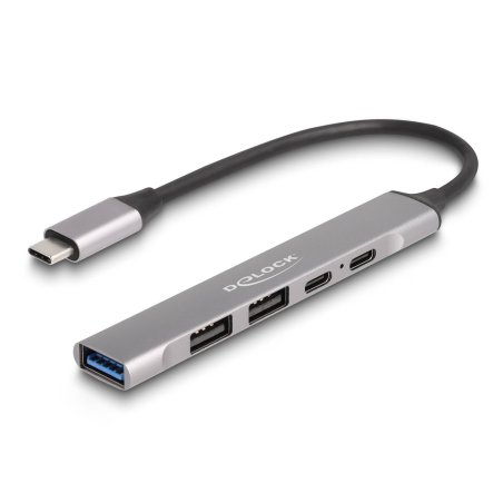 DELOCK 4 Port Slim USB Type-C Hub mit 1 x USB 10 Gbps Typ-A 2 x USB 2.0 Typ-A 1 x USB 2.0 USB Type-C und PD 95 W