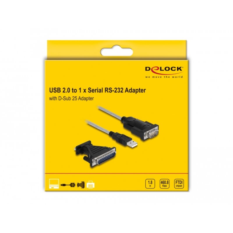 DeLOCK Adapter USB 2.0 Type-A to 1 x Serial RS-232 D-Sub 9 Adapter D-Sub 25