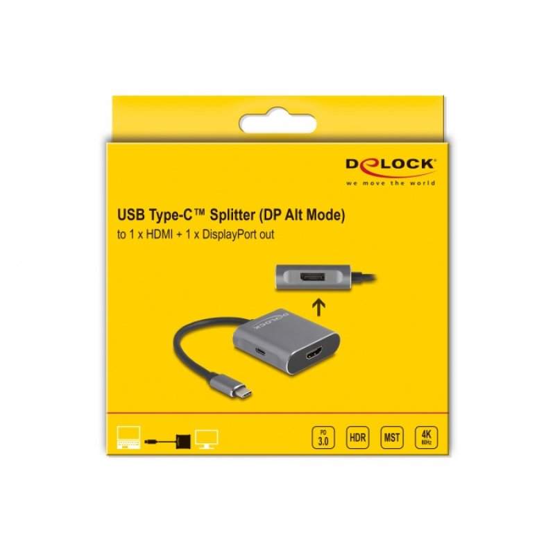 DELOCK USB Type-C Splitter DP Alt Mode zu 1 x HDMI 1 x DisplayPort MST mit USB Type-C PD