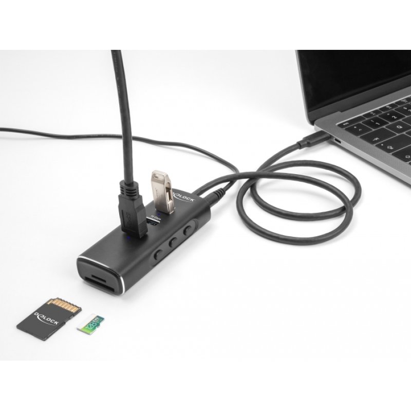 DeLOCK 3 Port USB 10 Gbps Hub including SD and Micro SD Card Reader with USB Type-C connector 60 cm Cable and Switch