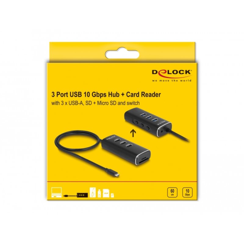 DeLOCK Hub 3 prises USB 10 Gbps comprenant un lecteur de carte SD et Micro SD avec connecteur USB Type-C, câble de 60