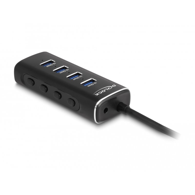 DELOCK 4 Port USB 10 Gbps Hub mit USB Type-C Anschluss 60cm Kabel und Schalter fur jeden Port