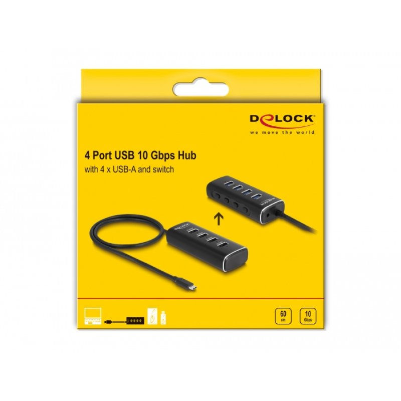DeLOCK 4 Port USB 10 Gbps Hub with USB Type-C connector 60 cm Cable and Switch for each port