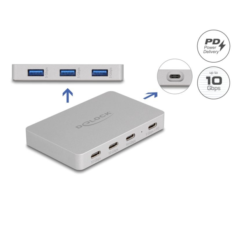 DeLOCK 7 Port USB Hub with 4 x USB Type-C female and 3 x USB Type-A female with PD 82 W