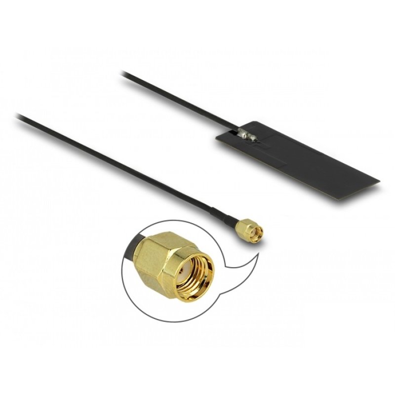 DELOCK WLAN WiFi 6 802.11 ac/ax/a/h/b/g/n Antenne RP-SMA Stecker 2 - 4 dBi 15cm PCB intern Klebemontage