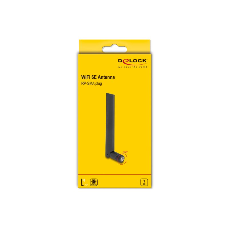 DeLOCK WiFi 6E Antenna RP-SMA plug 3 dBi omnidirectional with tilt joint black