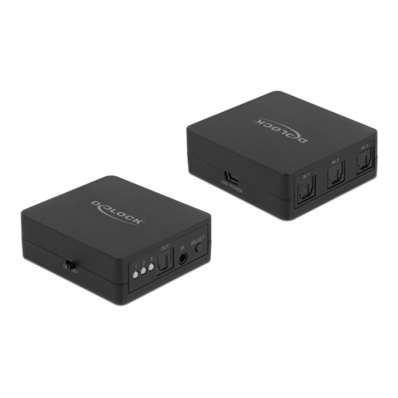 DELOCK S/PDIF TOSLINK Switch 3 In 1 Out mit IR-Fernbedienung und USB Stromversorgung