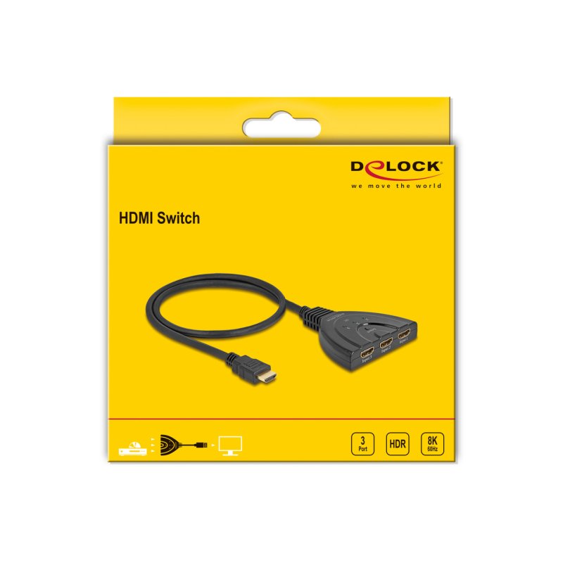 DeLOCK HDMI Switch 3 x HDMI in to 1 x HDMI out 8K 60 Hz with integrated cable 60 cm