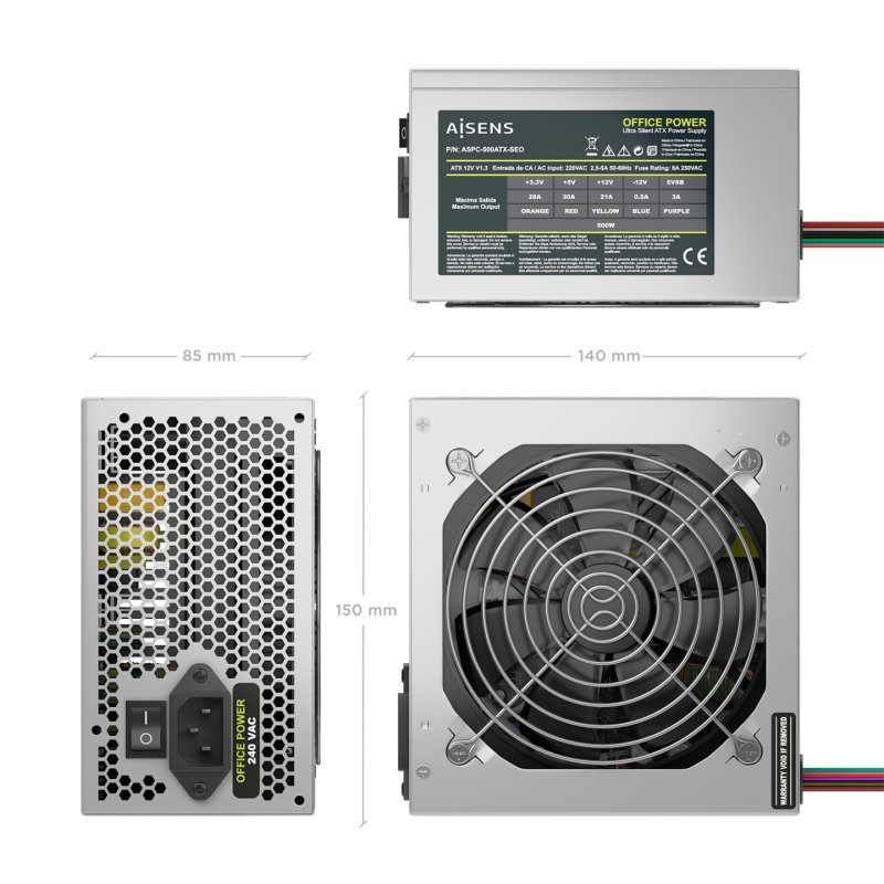 FUENTE ALIMENTACION AISENS ATX 500W OEM PLATA