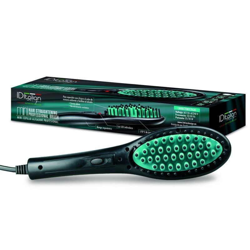 Mini Ceramic Hair Straightening Brush 30W Black and Green - Italian Design