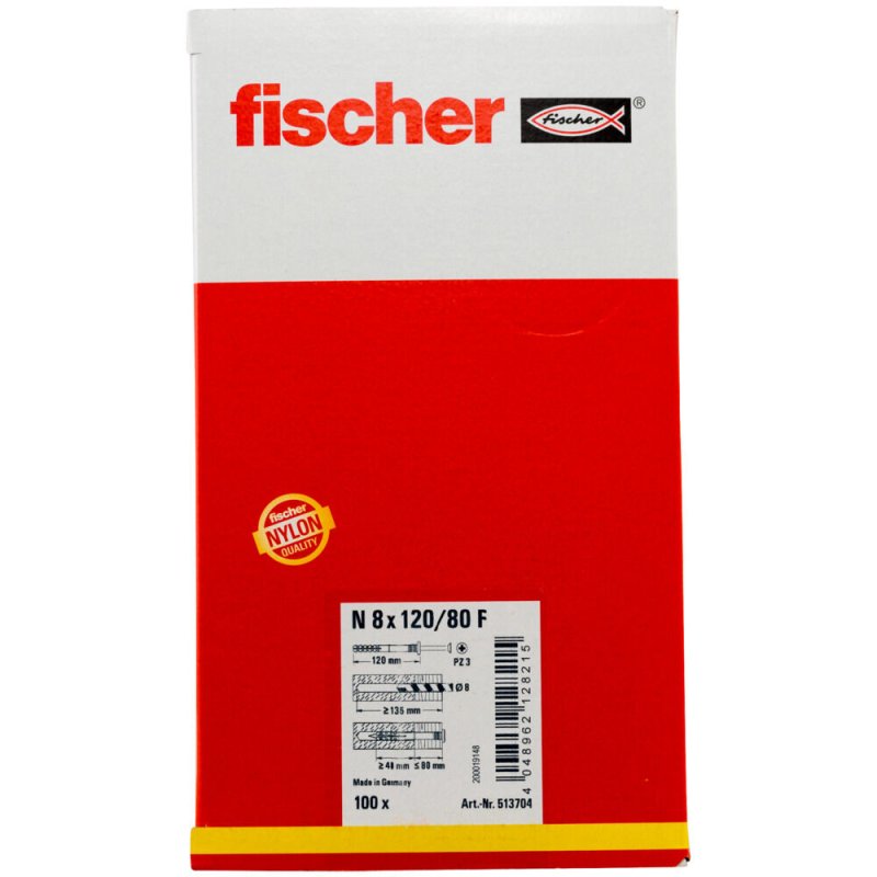 Fischer 513704 ancrage à vis et cheville murale 100 pièce(s) Kit de fiches murales et vis 120 mm