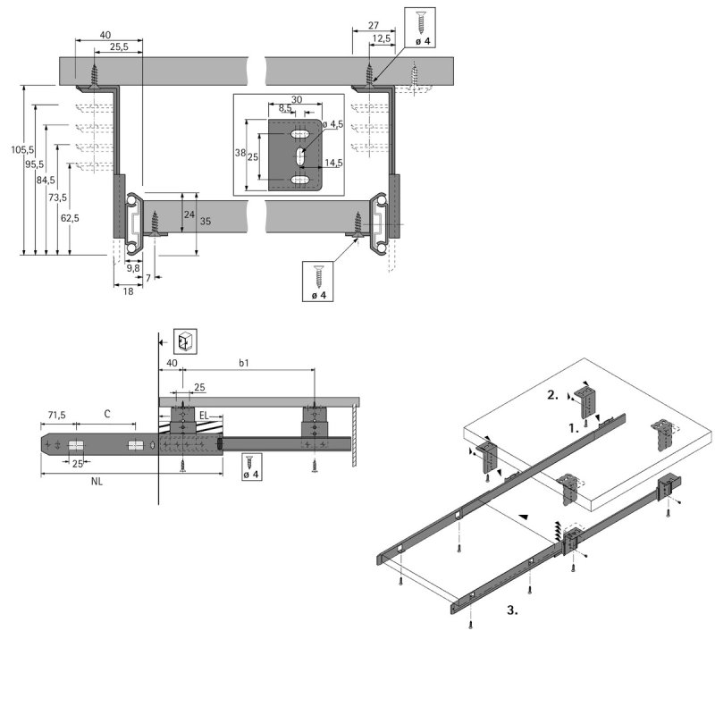 Paire de coulisses à billes KA 3434 HETTICH - Charge 20 kg - L.400 mm - Pour support clavier coulissant - 77802