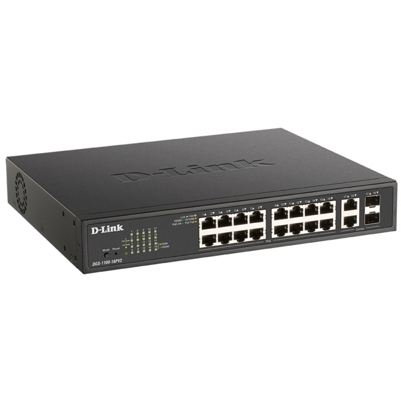 D-Link DGS-1100-18PV2 Smart Managed Switch 16x Gigabit Ethernet, 2x ComboGE/SFP, Desktop/19"-Rackmontage