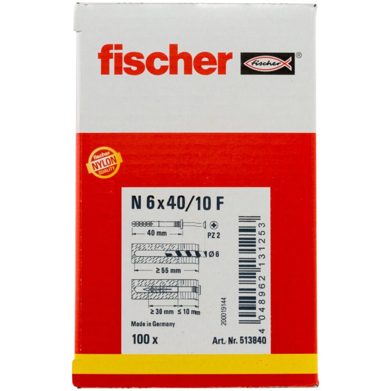 Fischer 513840 ancrage à vis et cheville murale 100 pièce(s) Kit de fiches murales et vis 40 mm