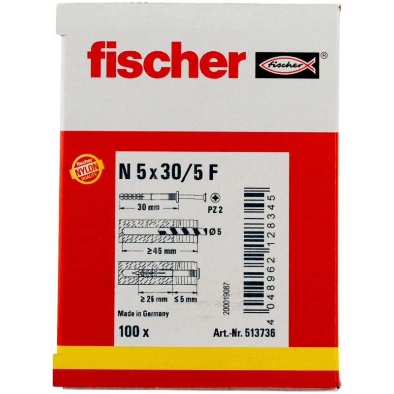 Fischer 513736 screw anchor / wall plug 100 pc(s) Screw & wall plug kit 30 mm