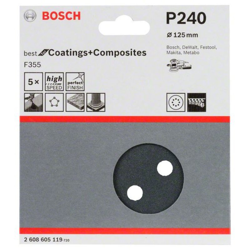 Disque abrasif F355 BOSCH - Ø 125 mm 8 trous - Grain 240 5 pièces - 2608605119