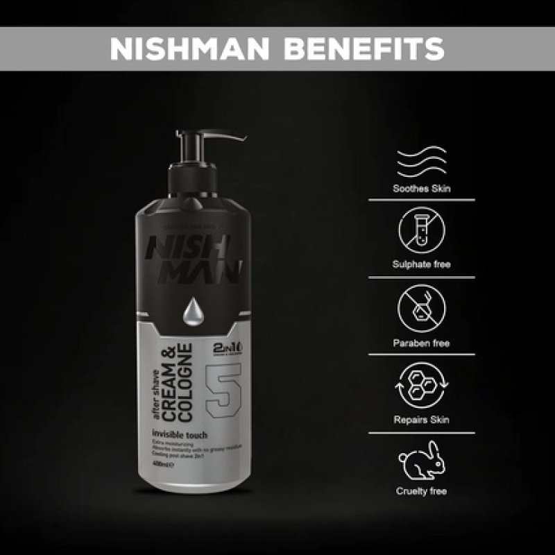 NISHMAN Aftershave Men 2 in 1 Cream Cologne Invisible Touch 05 400ml - Relaxing Refreshing Aftershaving Cologne for Men
