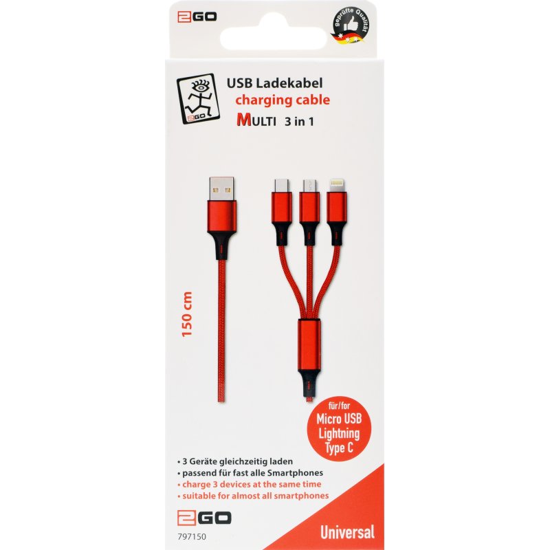 2GO 797150 câble USB 1,5 m USB B USB C/Micro-USB B/Lightning Rouge