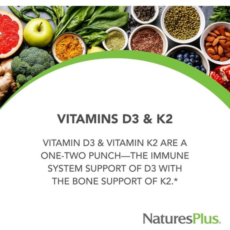 NaturesPlus Vitamin D3 2500IU with Vitamin K2 120mg High Strength Supplement Bone and Immune Support 90 Tablets