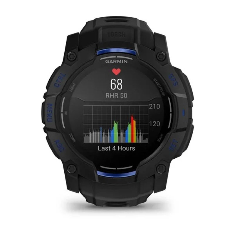 Garmin Instinct® AMOLED black mit Silikon-Wechselarmband 26 mm bolt blue