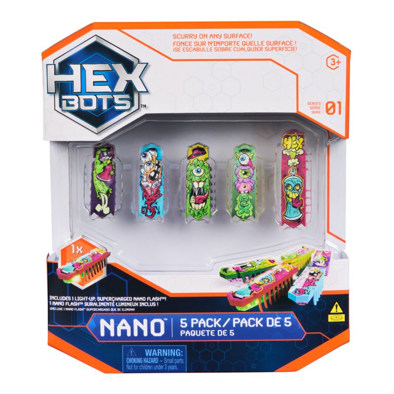 HEX BOTS Nano 5 Pack, 4 Mini Bots with Bonus Flash Bot, Sensory Toy for Kids & Cats, Vibration Technology, Mini Robot