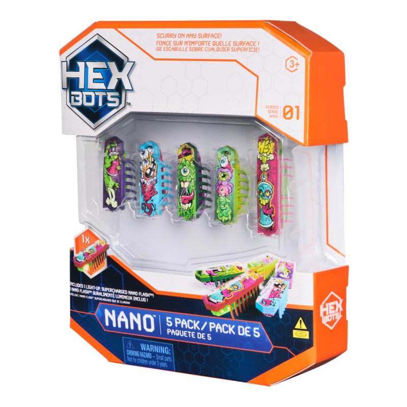 HEX BOTS Nano 5 Pack, 4 Mini Bots with Bonus Flash Bot, Sensory Toy for Kids & Cats, Vibration Technology, Mini Robot