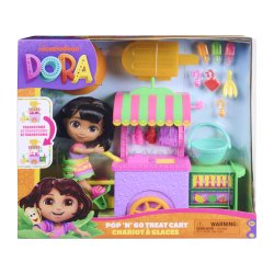 Dora, Chariot à glaces avec 15 éléments, chariot transformable et espace de rangement avec figurine Dora de 15,2 cm,