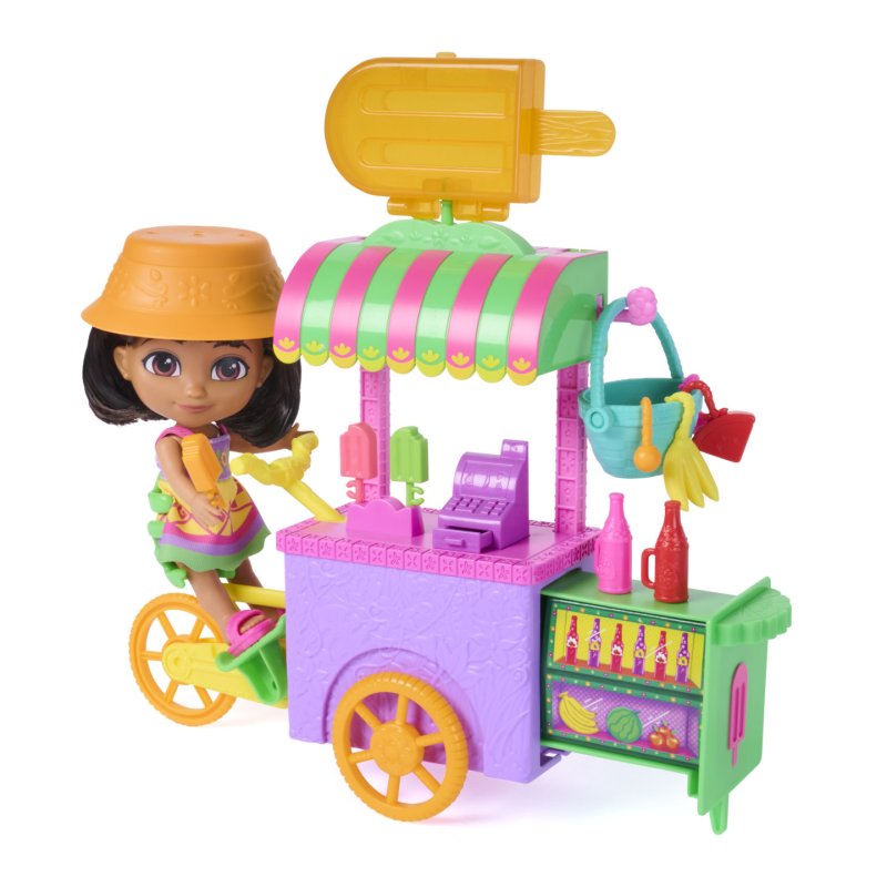 Dora, Chariot à glaces avec 15 éléments, chariot transformable et espace de rangement avec figurine Dora de 15,2 cm,