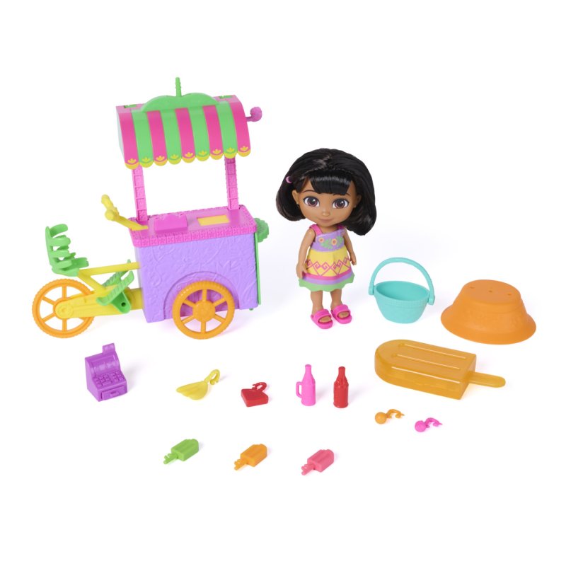 Dora, Chariot à glaces avec 15 éléments, chariot transformable et espace de rangement avec figurine Dora de 15,2 cm,