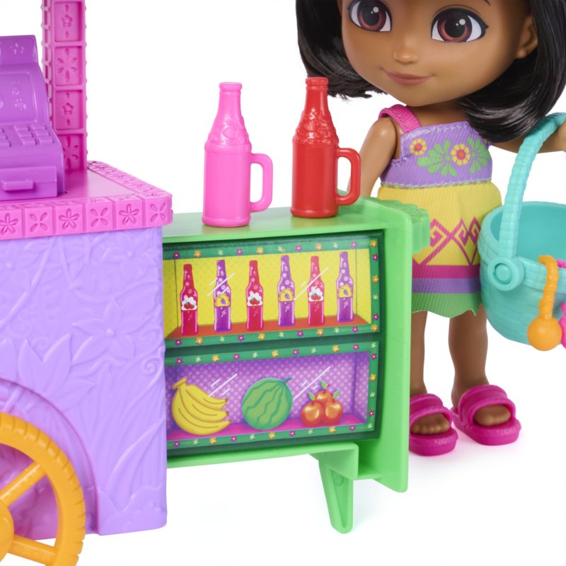 Dora, Chariot à glaces avec 15 éléments, chariot transformable et espace de rangement avec figurine Dora de 15,2 cm,