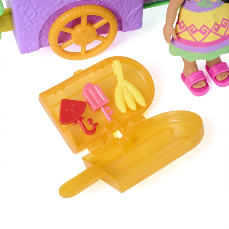 Dora, Chariot à glaces avec 15 éléments, chariot transformable et espace de rangement avec figurine Dora de 15,2 cm,