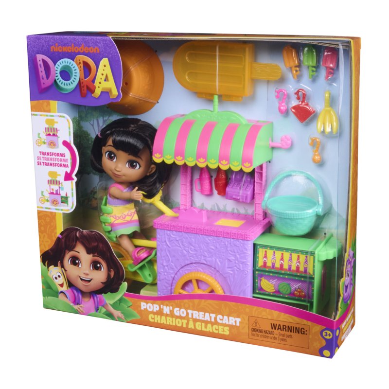 Dora, Pop 'N' Go Treat Cart with 15 Pieces, Transforming Cart & Toy Storage with 6-inch Dora Figure, Kids Toys for