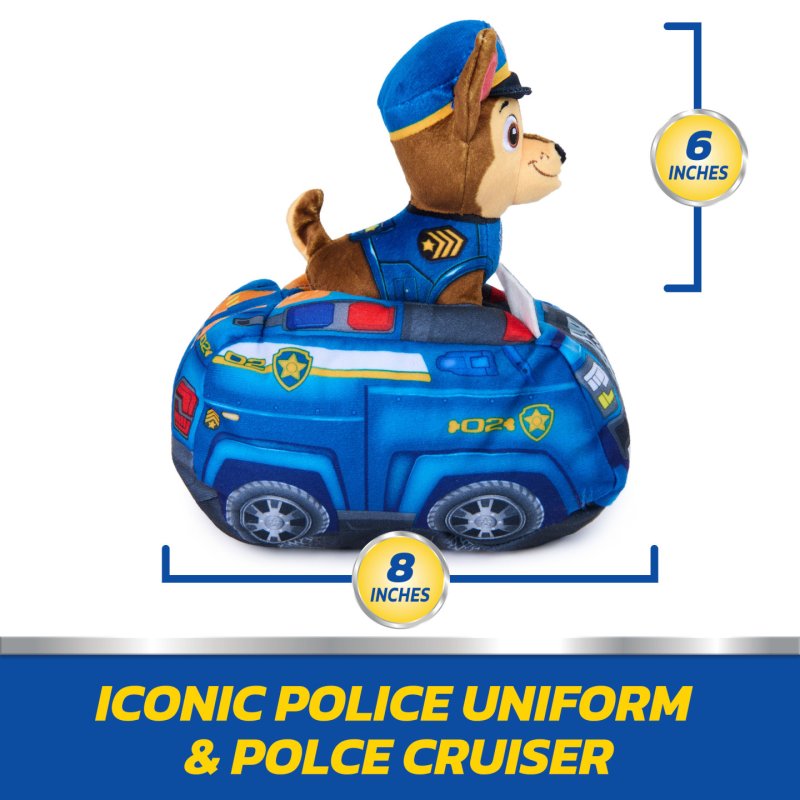 PAW Patrol , Véhicule peluche Chase 2 en 1, animal en peluche de 15,2 cm avec voiture de police en peluche de 20,3 cm,