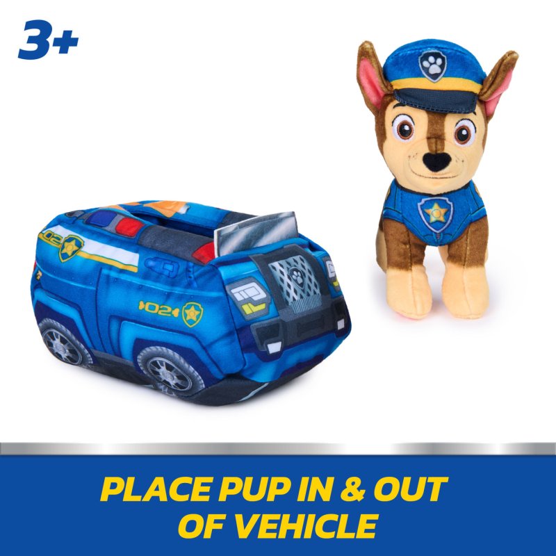PAW Patrol Chase 2-in-1 Vehicle Plush, 6-Inch Stuffed Animal with 8-Inch Plush Toy Police Cruiser, Kids Toys for Boys