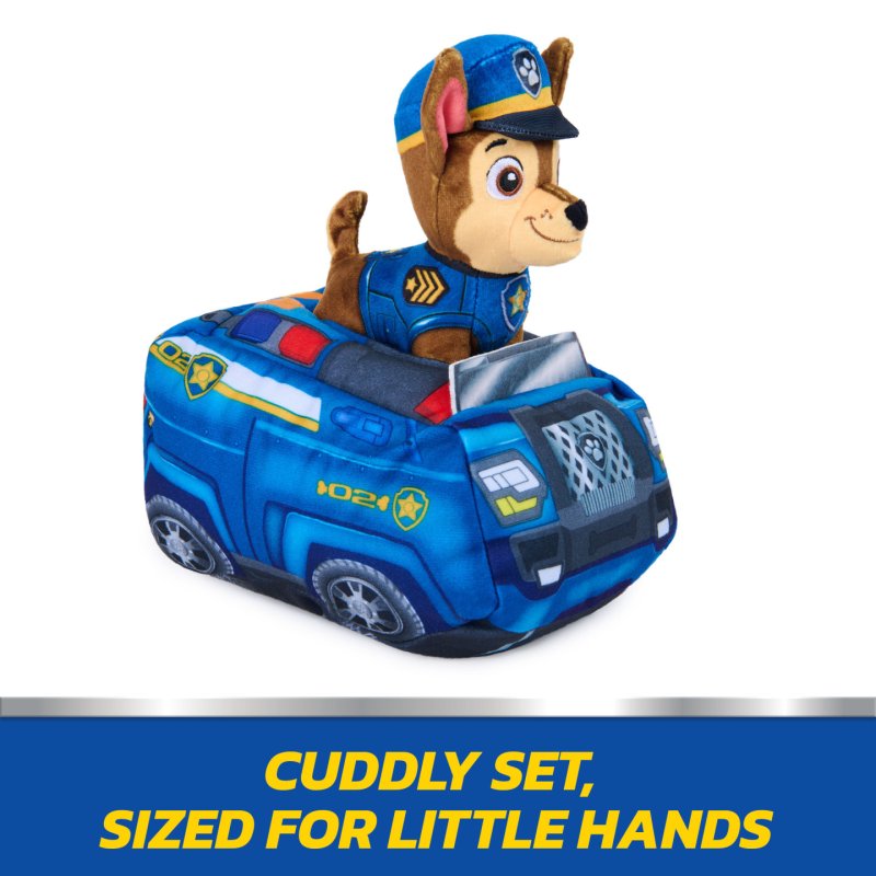 PAW Patrol , Véhicule peluche Chase 2 en 1, animal en peluche de 15,2 cm avec voiture de police en peluche de 20,3 cm,