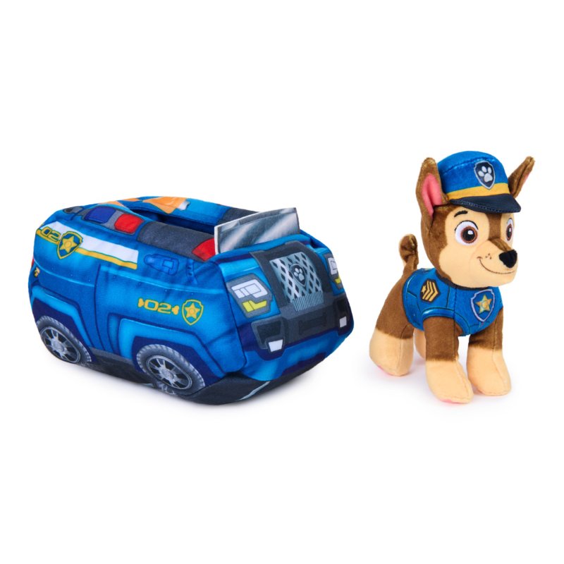 PAW Patrol , Véhicule peluche Chase 2 en 1, animal en peluche de 15,2 cm avec voiture de police en peluche de 20,3 cm,
