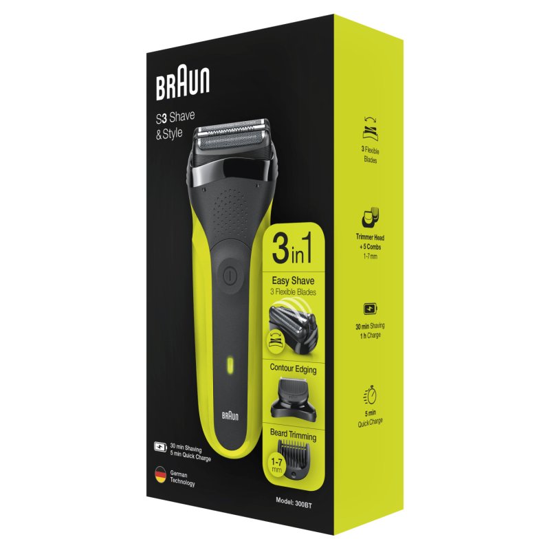 Braun Series 3 Shave&Style 300BT Electric Shaver, Razor for Men, Black/Volt Green