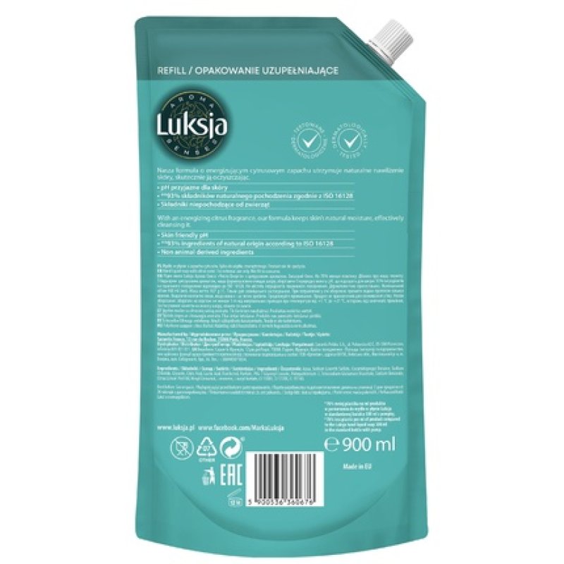 Sarantis Luksja Aroma Senses Purely Energizing Moisturizing Liquid Soap With Citrus Scent Refill 900 Ml