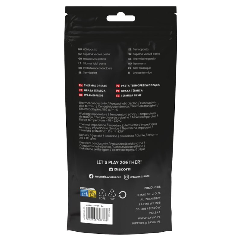 Savio TG-05 2g combiné de dissipateurs thermiques Pâte thermique 18 W/m·K