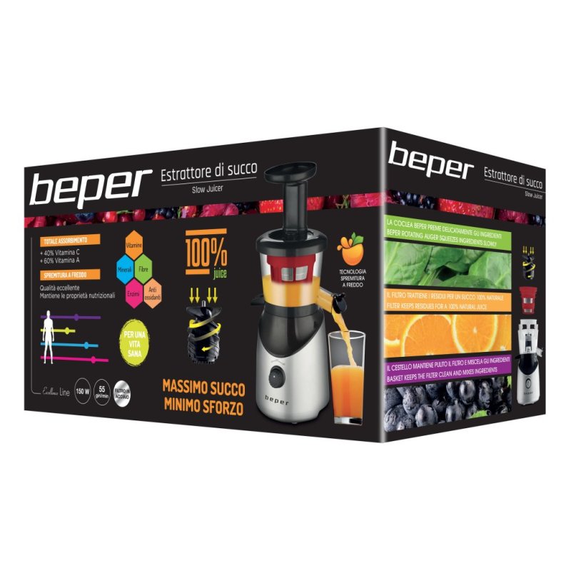 Beper 90.421R Slow juicer 150 W Black, Stainless steel