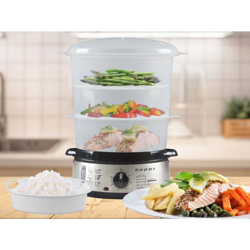 Beper BC.250 steam cooker 3 basket(s) Countertop 800 W Stainless steel, Transparent