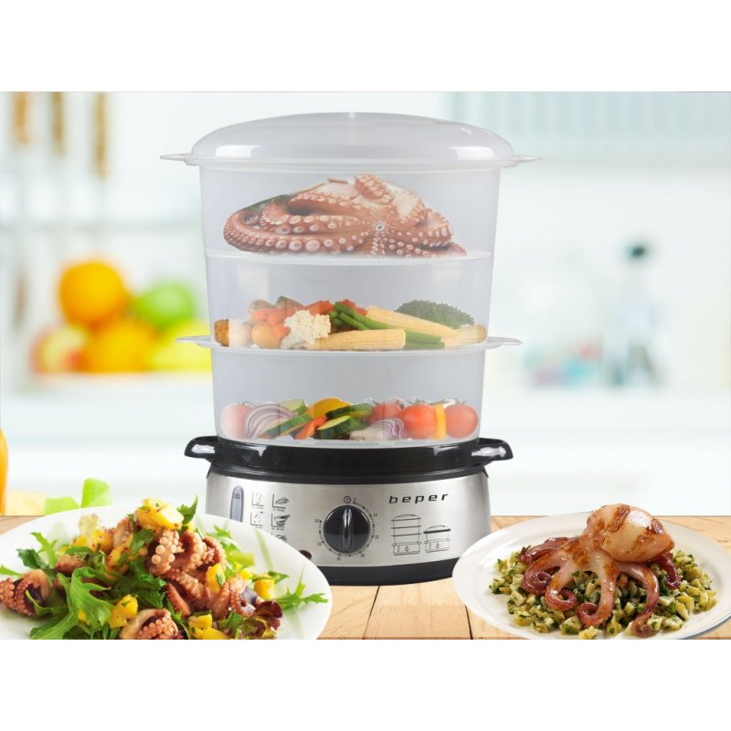 Beper BC.250 steam cooker 3 basket(s) Countertop 800 W Stainless steel, Transparent