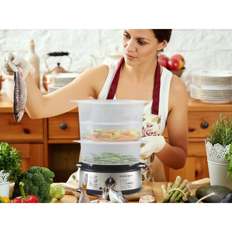 Beper BC.250 steam cooker 3 basket(s) Countertop 800 W Stainless steel, Transparent