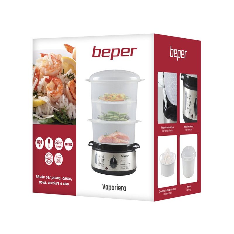 Beper BC.250 steam cooker 3 basket(s) Countertop 800 W Stainless steel, Transparent