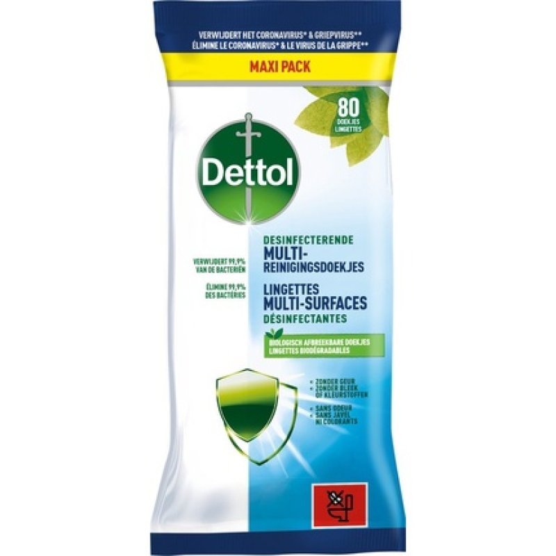 Dettol Multicleaning Wipes Disinfectant Bleach & Fragrance Free Biodegradable 80 Wipes